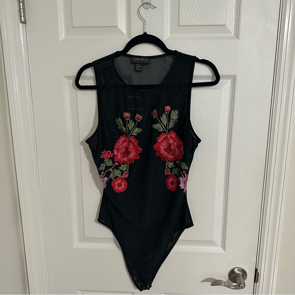 FOREVER 21: Sheer FLORAL Embroidered Bodysuit